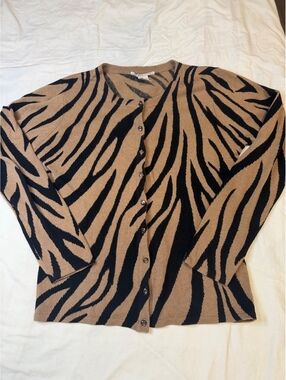 Evelyn Grace Cashmere 100% Cashmere Cardigan Tan and Black Zebra Pattern